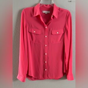 LOFT Women’s Bold Pink Blouse Long Sleeves Collard with Adjustable Sleeves Small